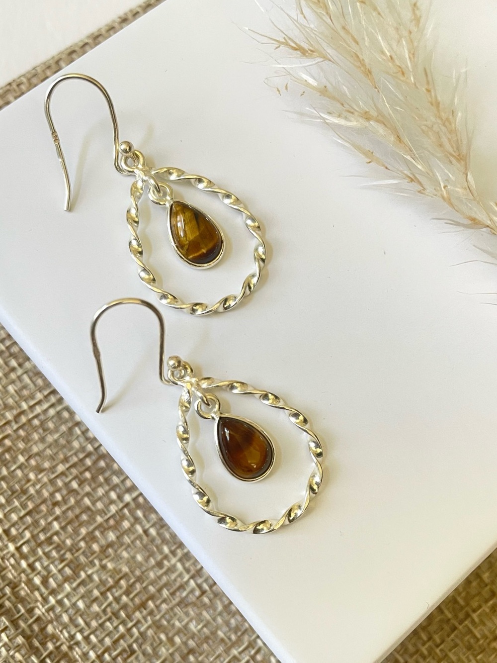 925 Sterling Silver natural Tigers Eye dangle earrings!! BOHO (1.25 inches)